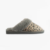 Jo & Joe LYLA Womens Mule Slippers Grey side view showcasing leopard pattern and plush lining.