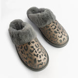 Jo & Joe LYLA Womens Mule Slippers Grey top view showing the textured leopard print and fluffy gray lining.
