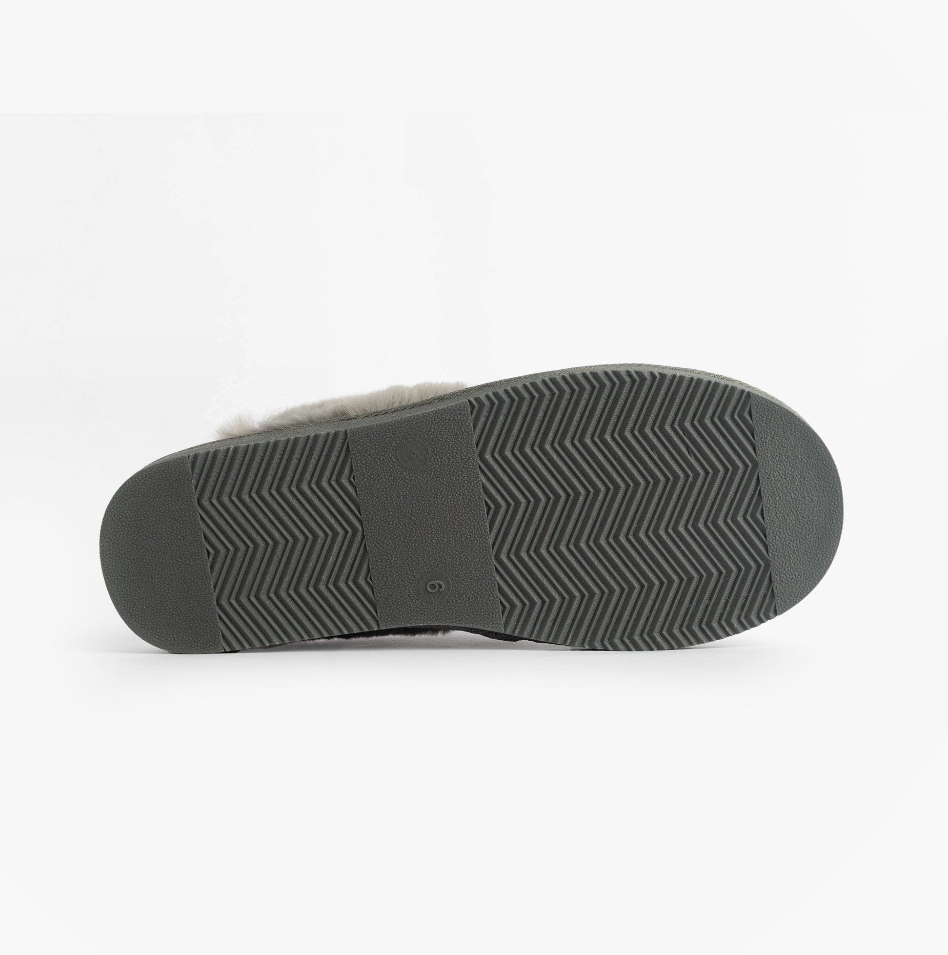 Jo & Joe LYLA Womens Mule Slippers Grey bottom view showcasing the textured sole and slip-on design for comfort.