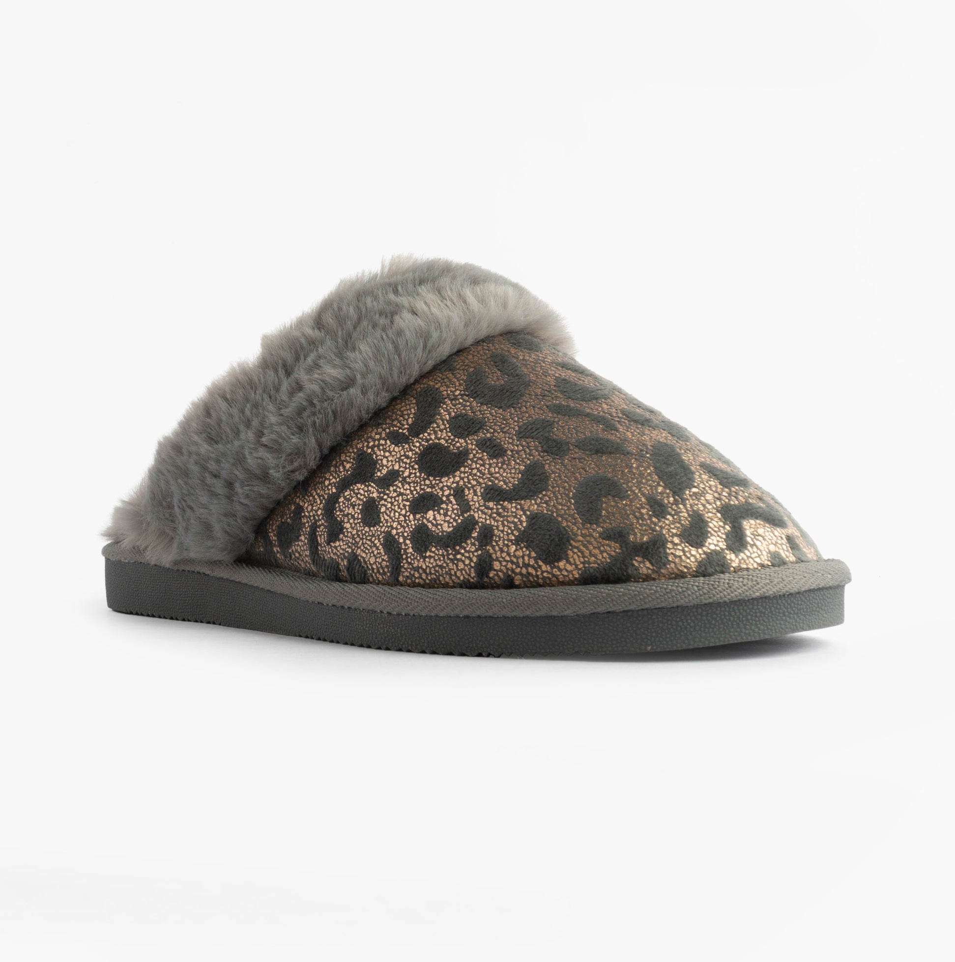 Jo & Joe LYLA Womens Mule Slippers Grey side view showcasing the leopard print upper and soft grey lining.
