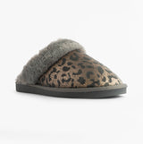 Jo & Joe LYLA Womens Mule Slippers Grey side view showcasing the leopard print upper and soft grey lining.