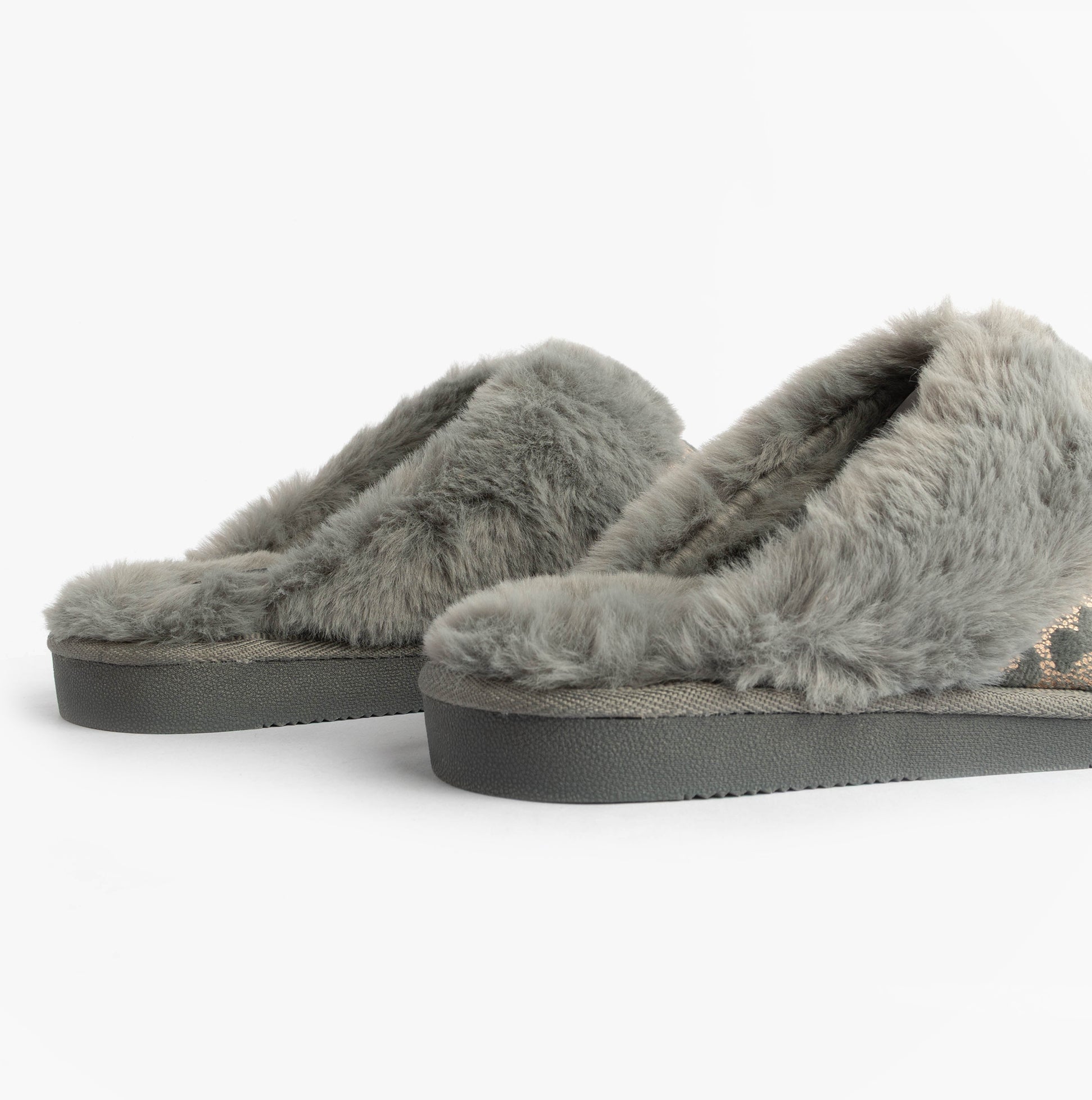 Jo & Joe LYLA Womens Mule Slippers Grey side view showing fuzzy textile upper and flat synthetic sole.