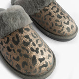 Jo & Joe LYLA Womens Mule Slippers Grey top detail view featuring soft grey faux fur lining and leopard print upper.