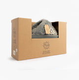 Jo & Joe LYLA Womens Mule Slippers Grey in gift box view with grey slipper and tag.