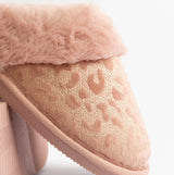 Jo & Joe LYLA Womens Mule Slippers Pink detail view of soft pink slipper with faux fur trim and leopard print.