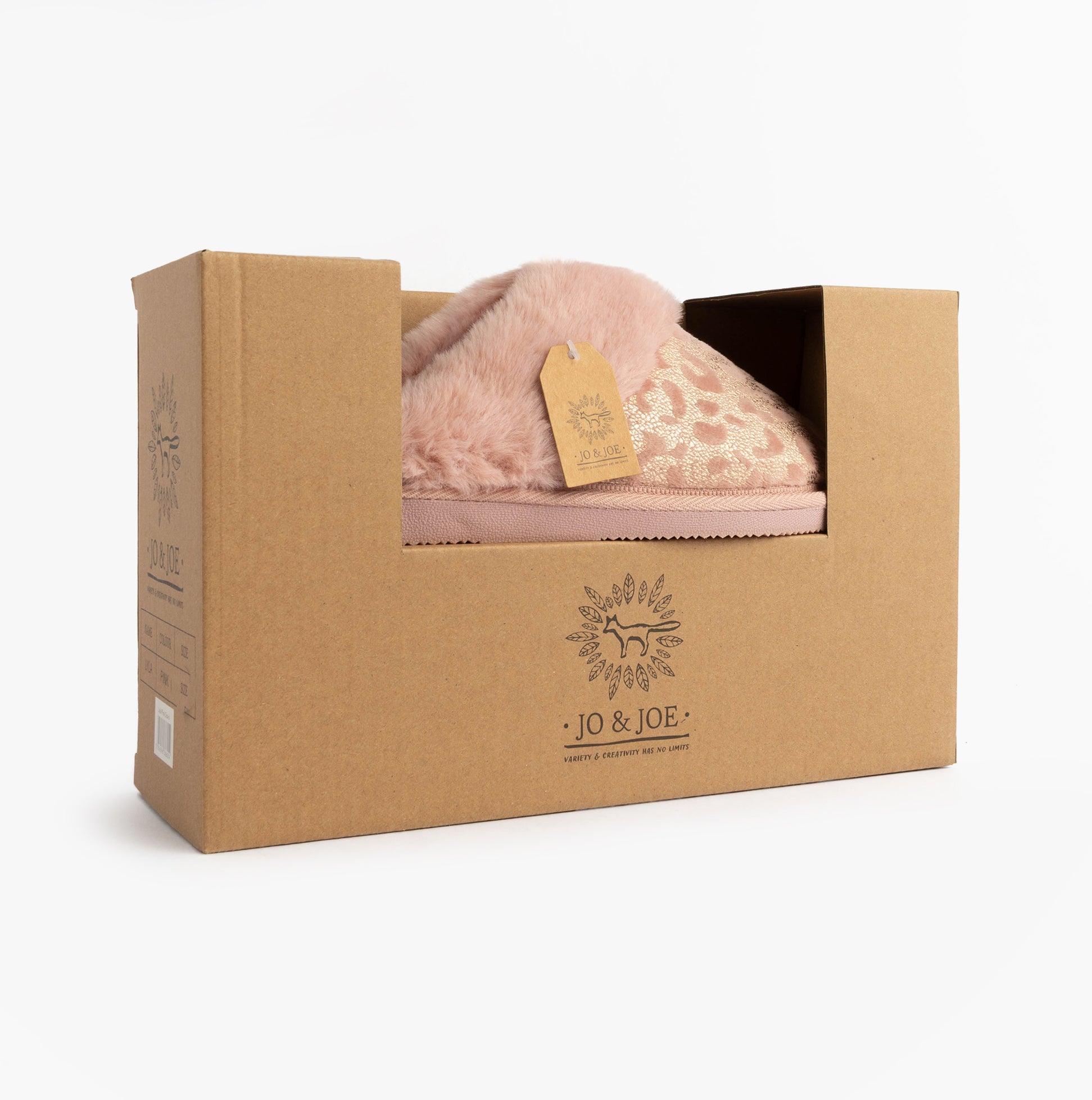 Jo & Joe LYLA Womens Mule Slippers Pink in gift box, showcasing the pink slipper and branded packaging.