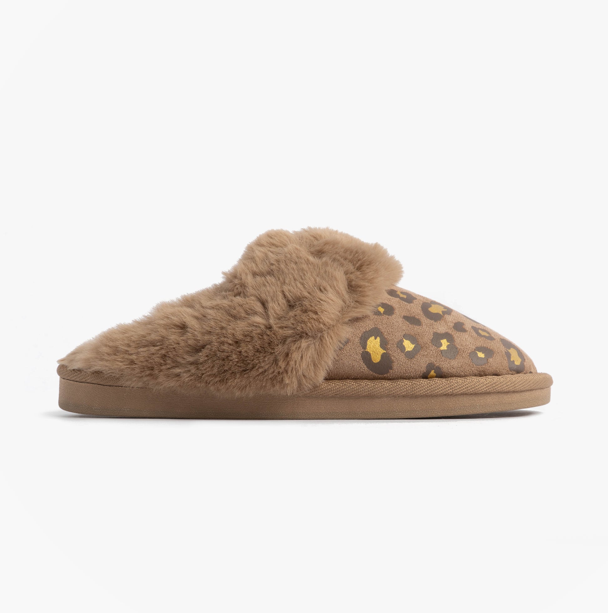 Jo & Joe MILA Womens Mule Slippers Chestnut Leopard side view showing soft fur lining and leopard print design.
