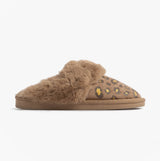 Jo & Joe MILA Womens Mule Slippers Chestnut Leopard side view showing soft fur lining and leopard print design.
