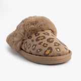 Jo & Joe MILA Womens Mule Slippers Chestnut Leopard side view showing plush lining and round toe design.