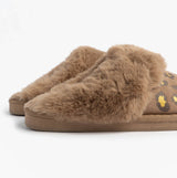 Jo & Joe MILA Womens Mule Slippers Chestnut Leopard side view showcasing soft fur and leopard print design.