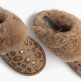 Jo & Joe MILA Womens Mule Slippers Chestnut Leopard top view showing soft fur lining and stylish leopard print design.