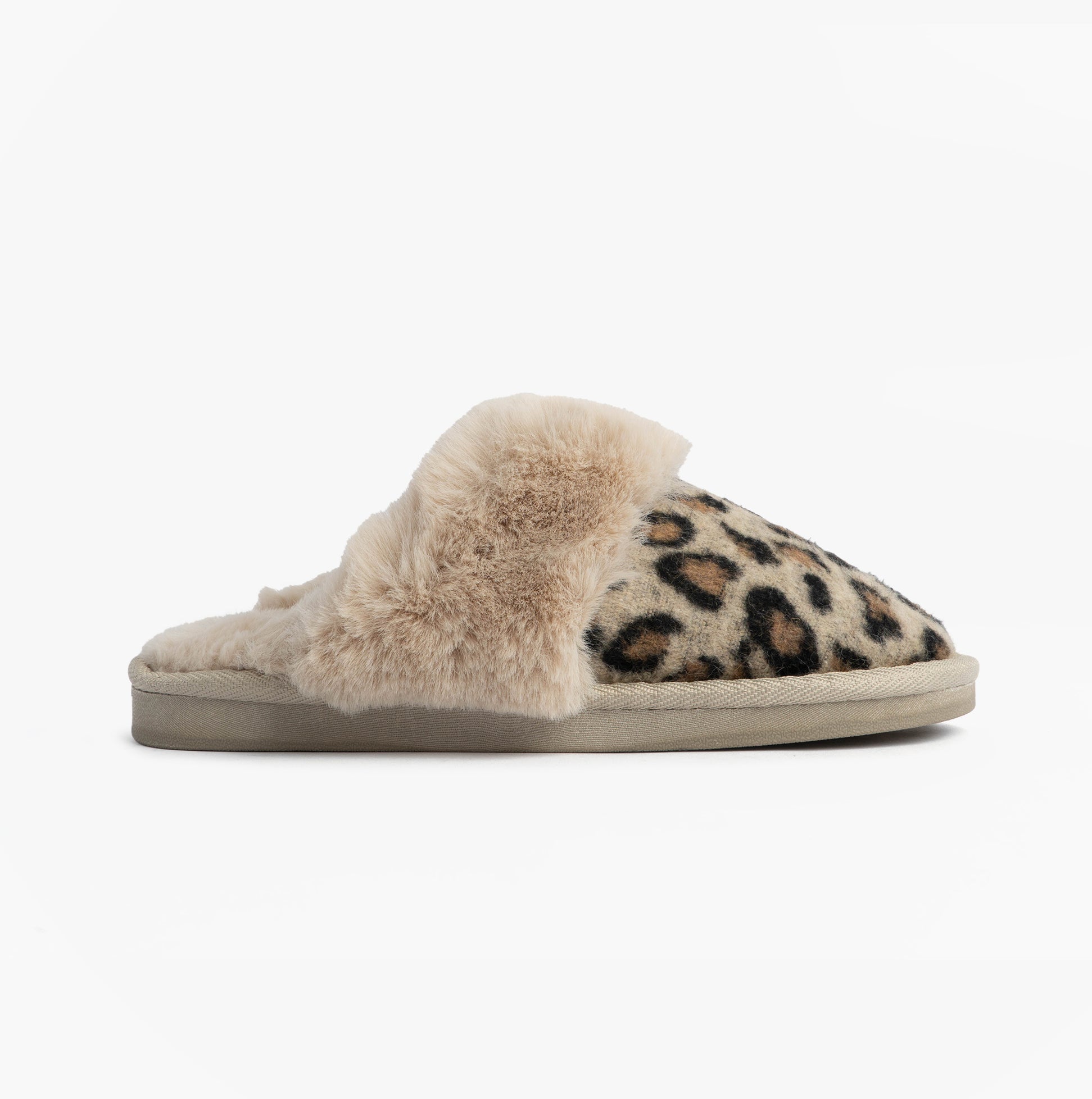 Jo & Joe NALA Womens Mule Slippers Leopard side view showing leopard print design and cozy lining.