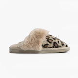 Jo & Joe NALA Womens Mule Slippers Leopard side view showing leopard print design and cozy lining.