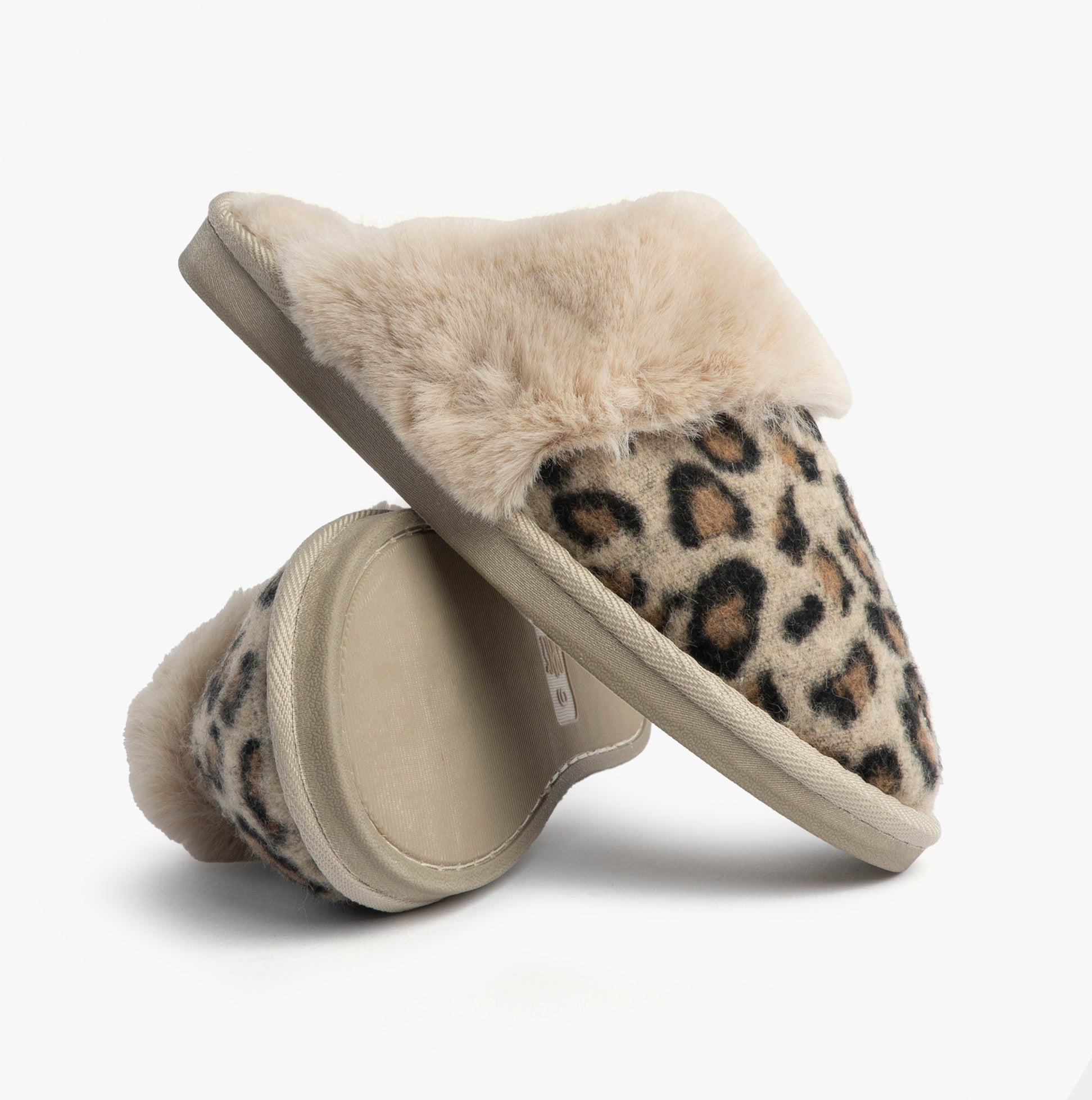 Jo & Joe NALA Womens Mule Slippers Leopard side view showcasing the soft fur lining and leopard print upper.