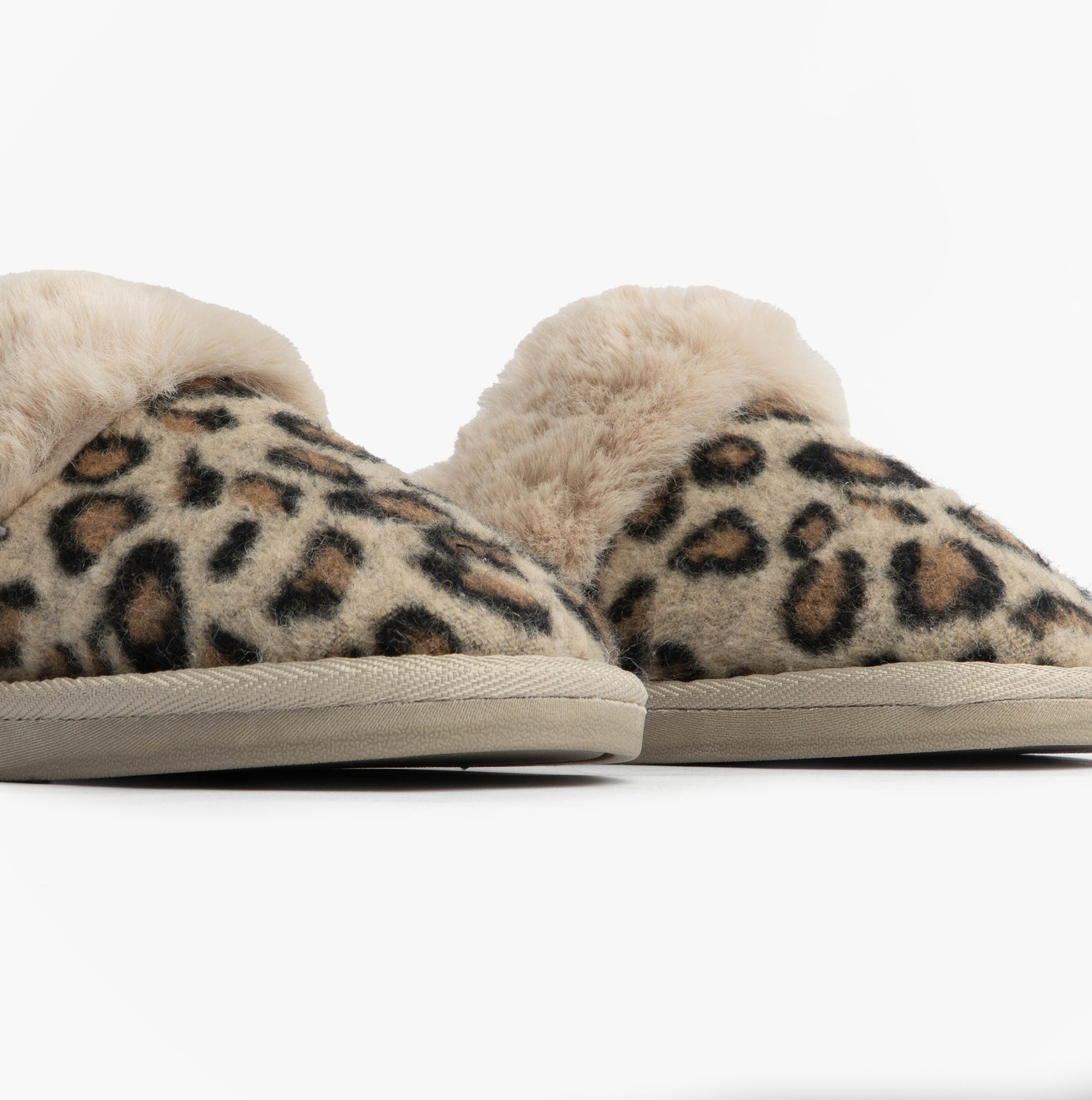 Jo & Joe NALA Womens Mule Slippers Leopard side view featuring plush leopard print with soft lining.