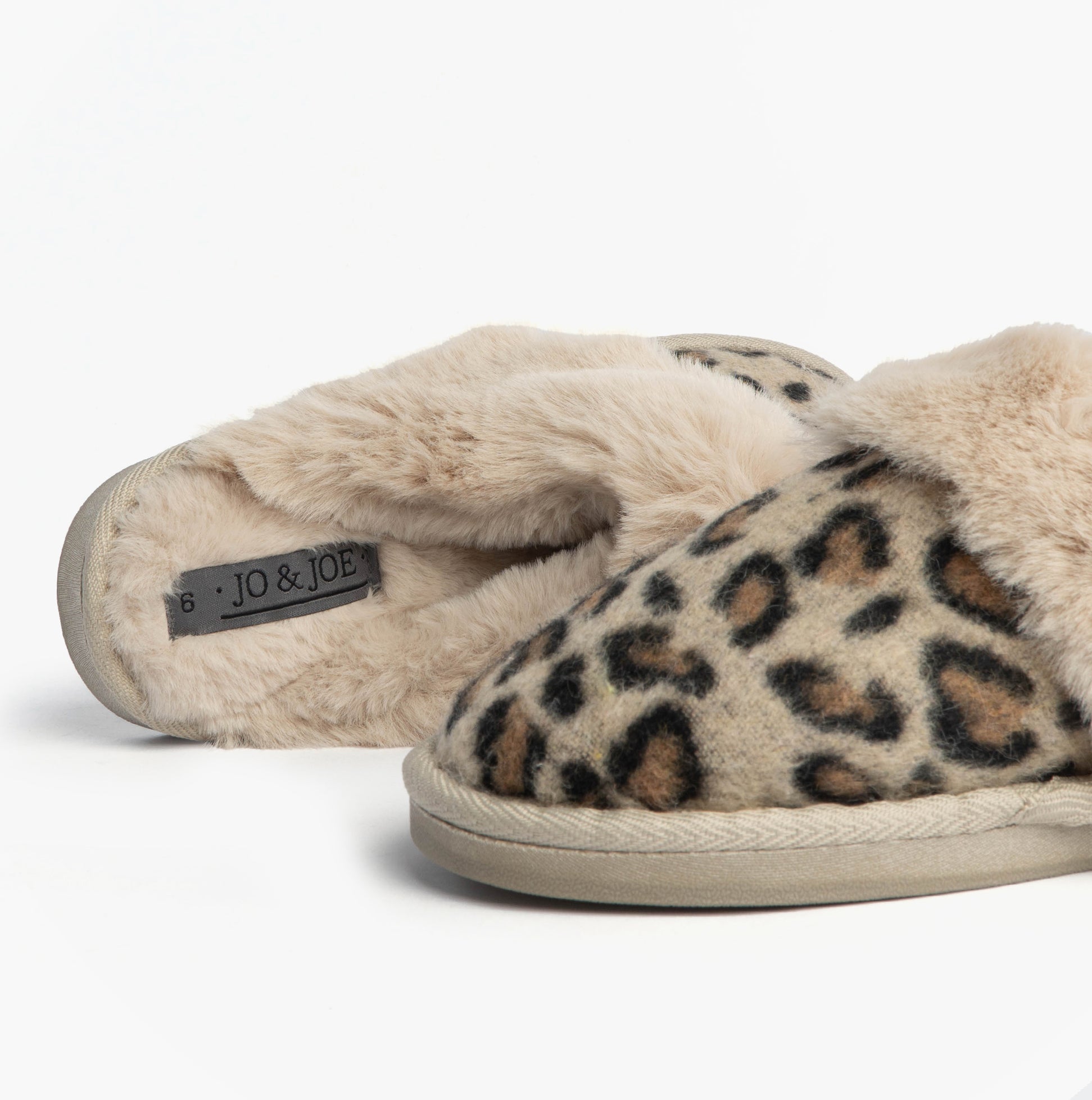 Jo & Joe NALA Womens Mule Slippers Leopard side view with soft fur lining and leopard print upper.
