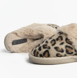 Jo & Joe NALA Womens Mule Slippers Leopard side view with soft fur lining and leopard print upper.