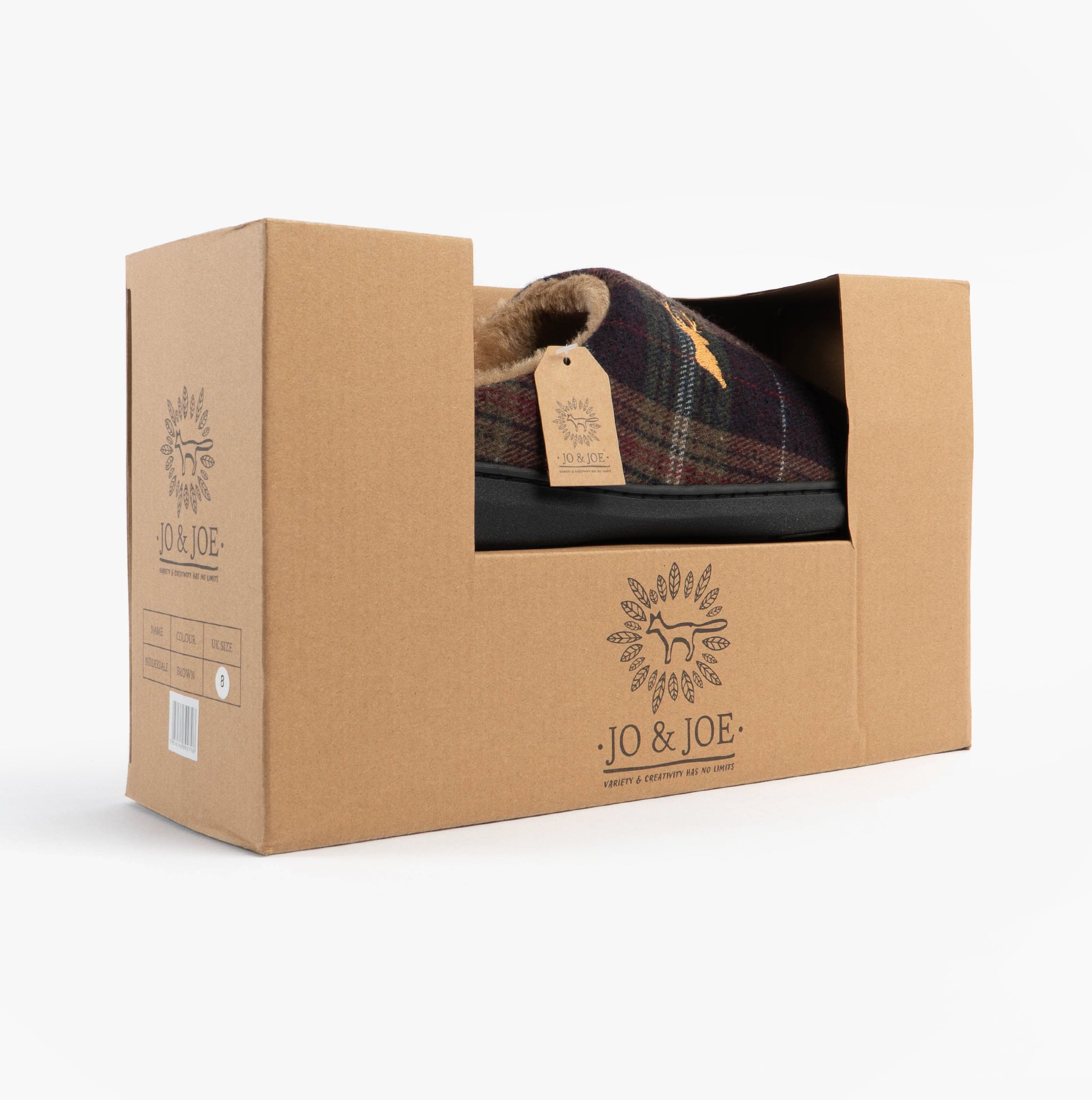 Jo & Joe NIDDERDALE Mens Mule Slippers Brown in gift box, showcasing brown plaid design and warm lining.