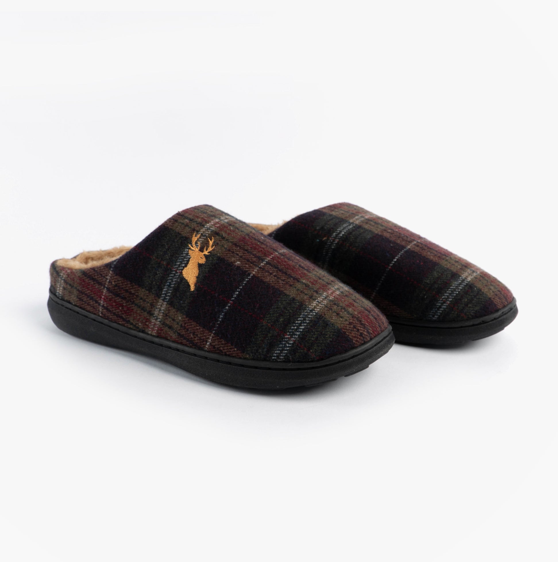 Jo & Joe NIDDERDALE Mens Mule Slippers Brown side view with plaid pattern and golden logo.