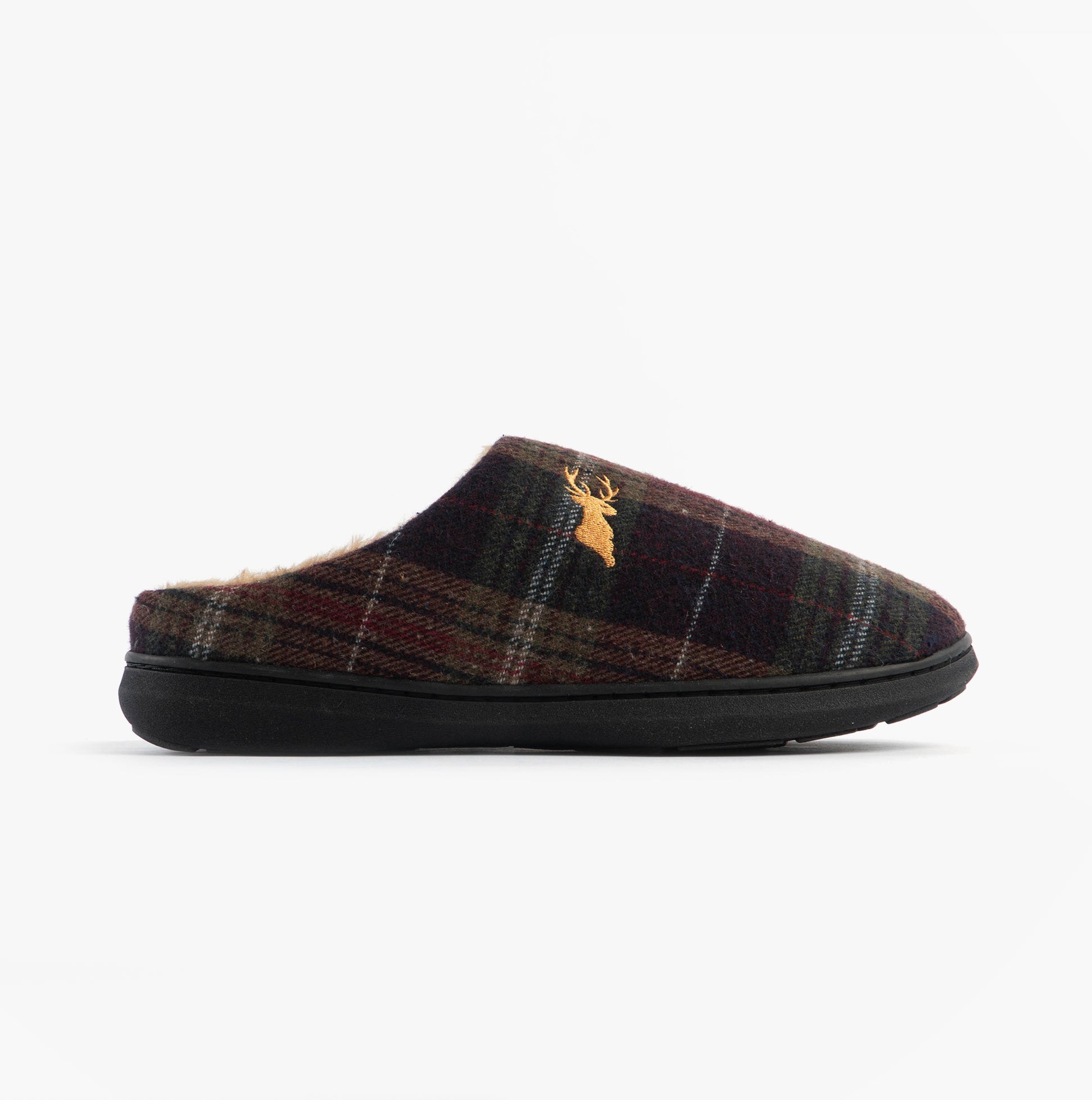 Jo & Joe NIDDERDALE Mens Mule Slippers Brown side view with a plaid design and deer emblem.