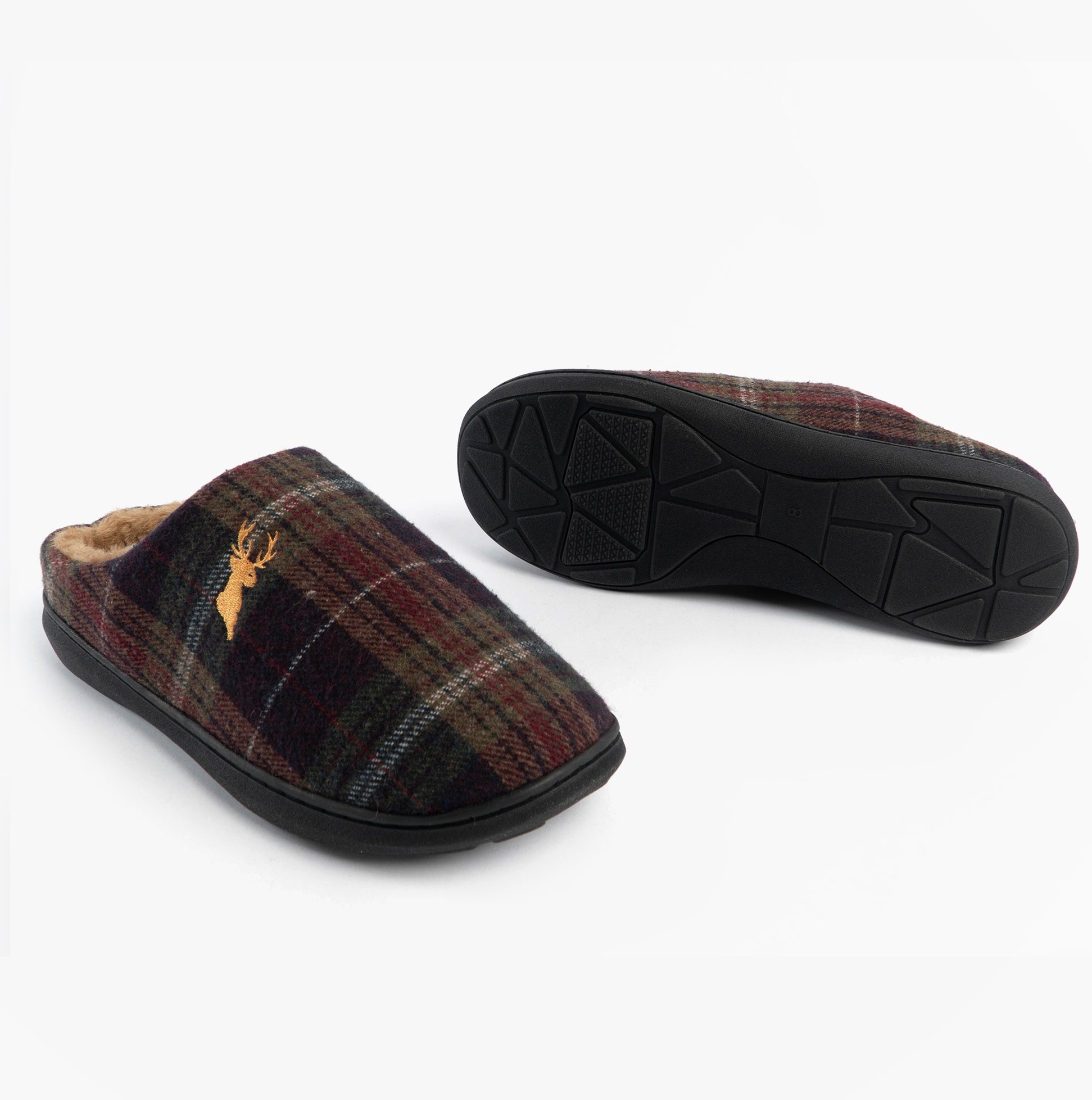 Jo & Joe NIDDERDALE Mens Mule Slippers Brown side view showing textile upper and rubber sole.