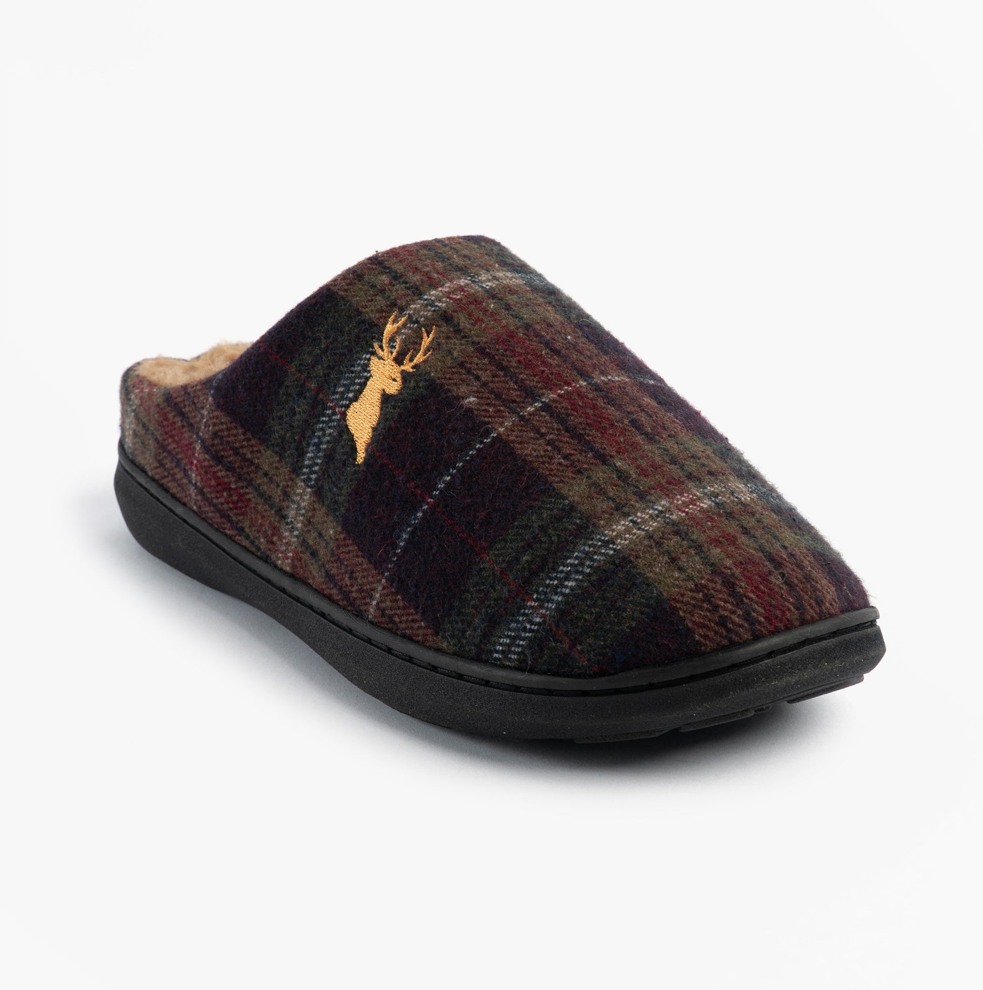 Jo & Joe NIDDERDALE Mens Mule Slippers Brown side view with plaid design and comfort lining.