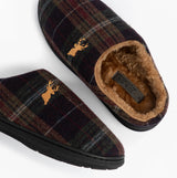 Jo & Joe NIDDERDALE Mens Mule Slippers Brown top view showing plaid pattern and soft lining.
