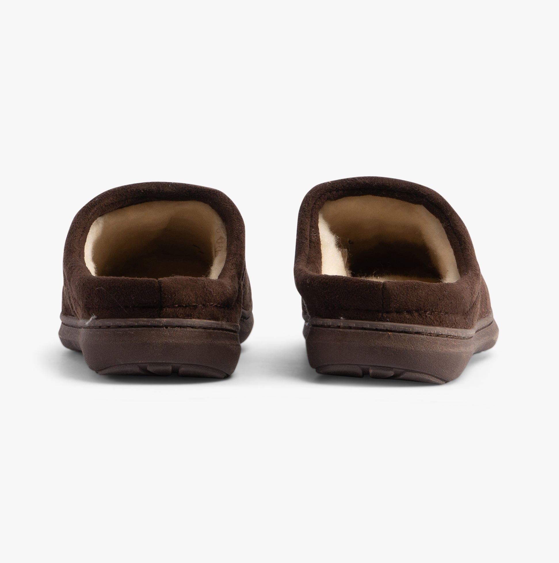 Jo & Joe OAKLEY Mens Slippers Brown rear view showcasing plush faux fur lining and slip-on design.