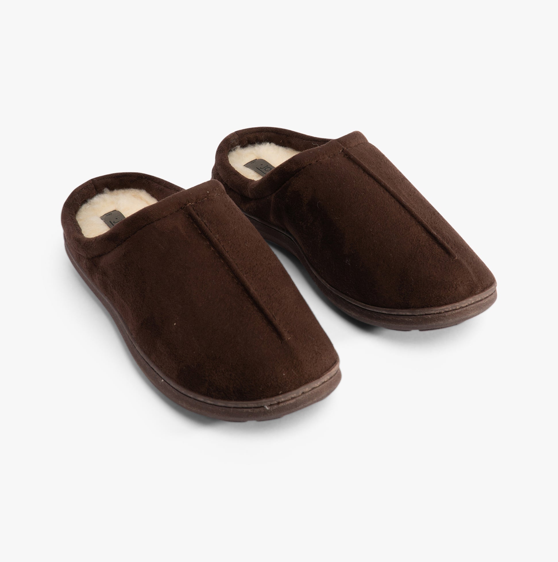 Jo & Joe OAKLEY Mens Slippers Brown side view showing soft textile upper and faux fur lining.
