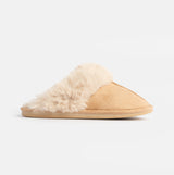 Jo & Joe SCARLETT Womens Faux Fur Mule Slippers Caramel side view showcasing the soft faux fur upper and slip-on design.