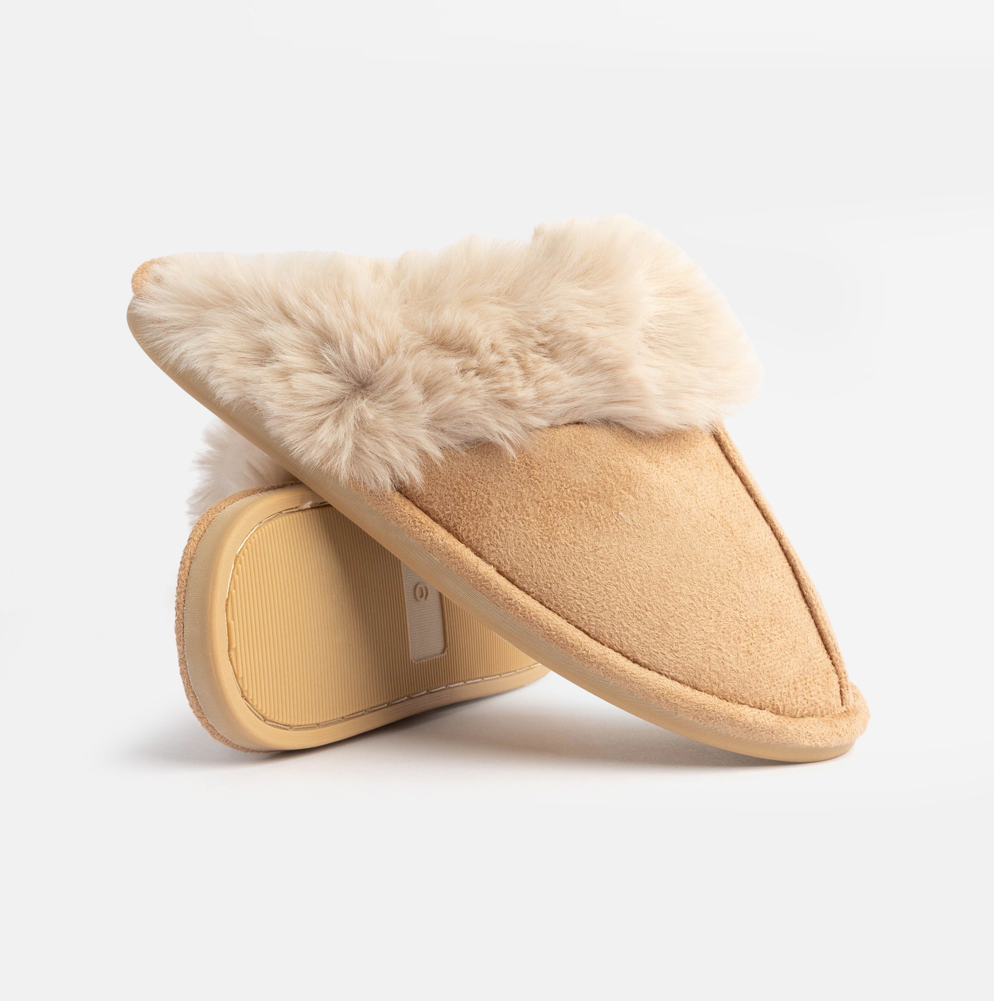 Jo & Joe SCARLETT Womens Faux Fur Mule Slippers Caramel side view showcasing the soft faux fur lining and slip-on design.