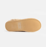 Jo & Joe SCARLETT Womens Faux Fur Mule Slippers Caramel bottom view showing the EVA/TPR sole with ribbed texture.