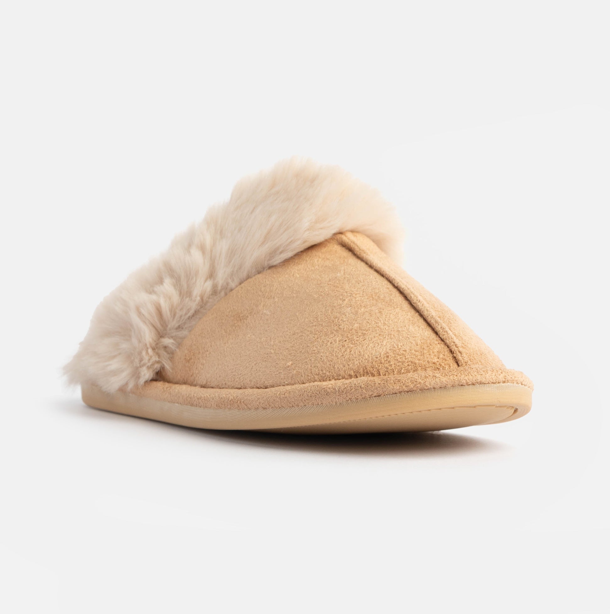 Jo & Joe SCARLETT Womens Faux Fur Mule Slippers Caramel side view showcasing soft faux fur lining and microfibre upper.