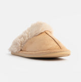 Jo & Joe SCARLETT Womens Faux Fur Mule Slippers Caramel side view showcasing soft faux fur lining and microfibre upper.