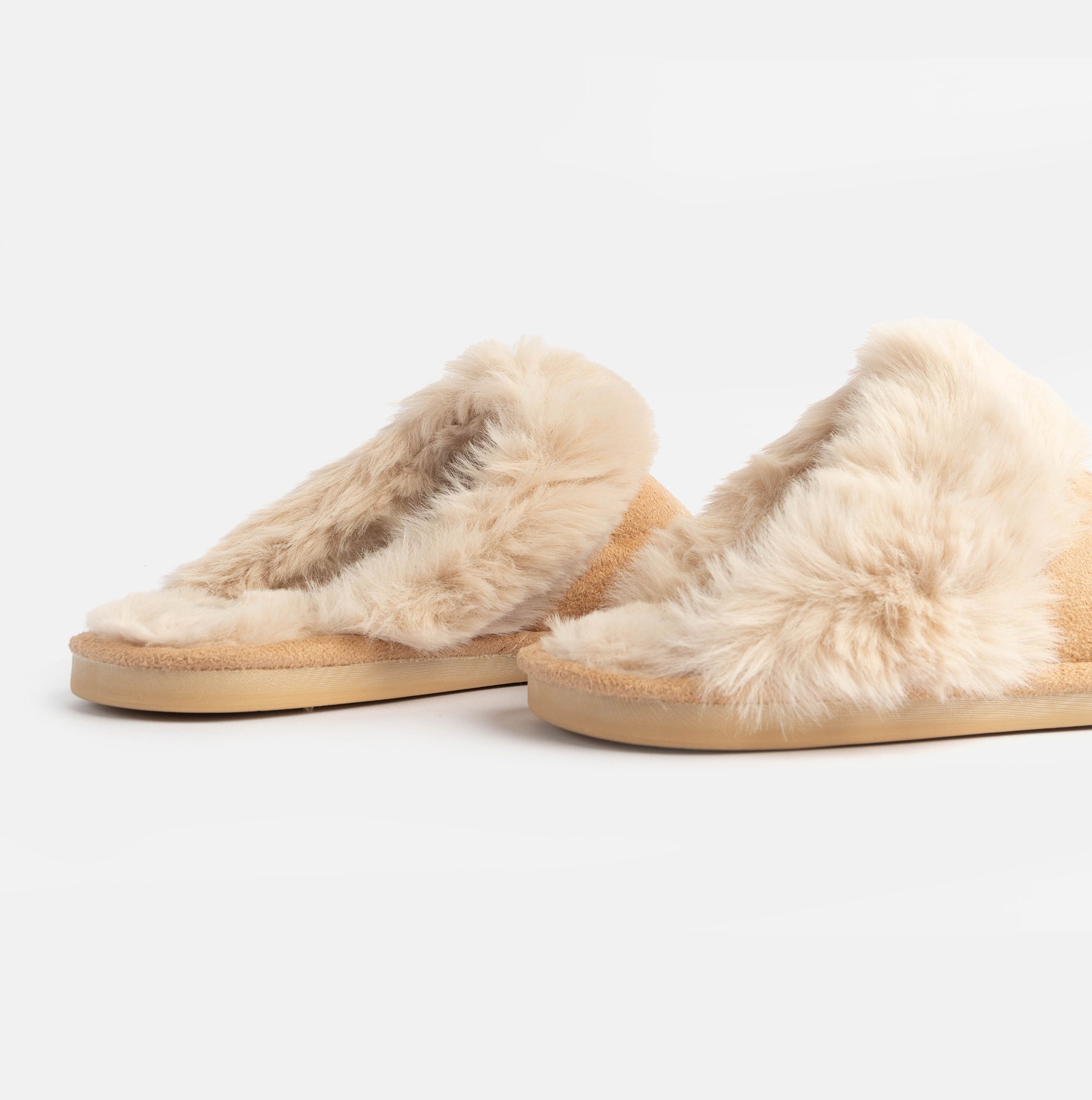 Jo & Joe SCARLETT Womens Faux Fur Mule Slippers Caramel side view showcasing soft faux fur and slip-on design.
