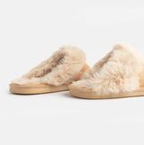 Jo & Joe SCARLETT Womens Faux Fur Mule Slippers Caramel side view showcasing soft faux fur and slip-on design.