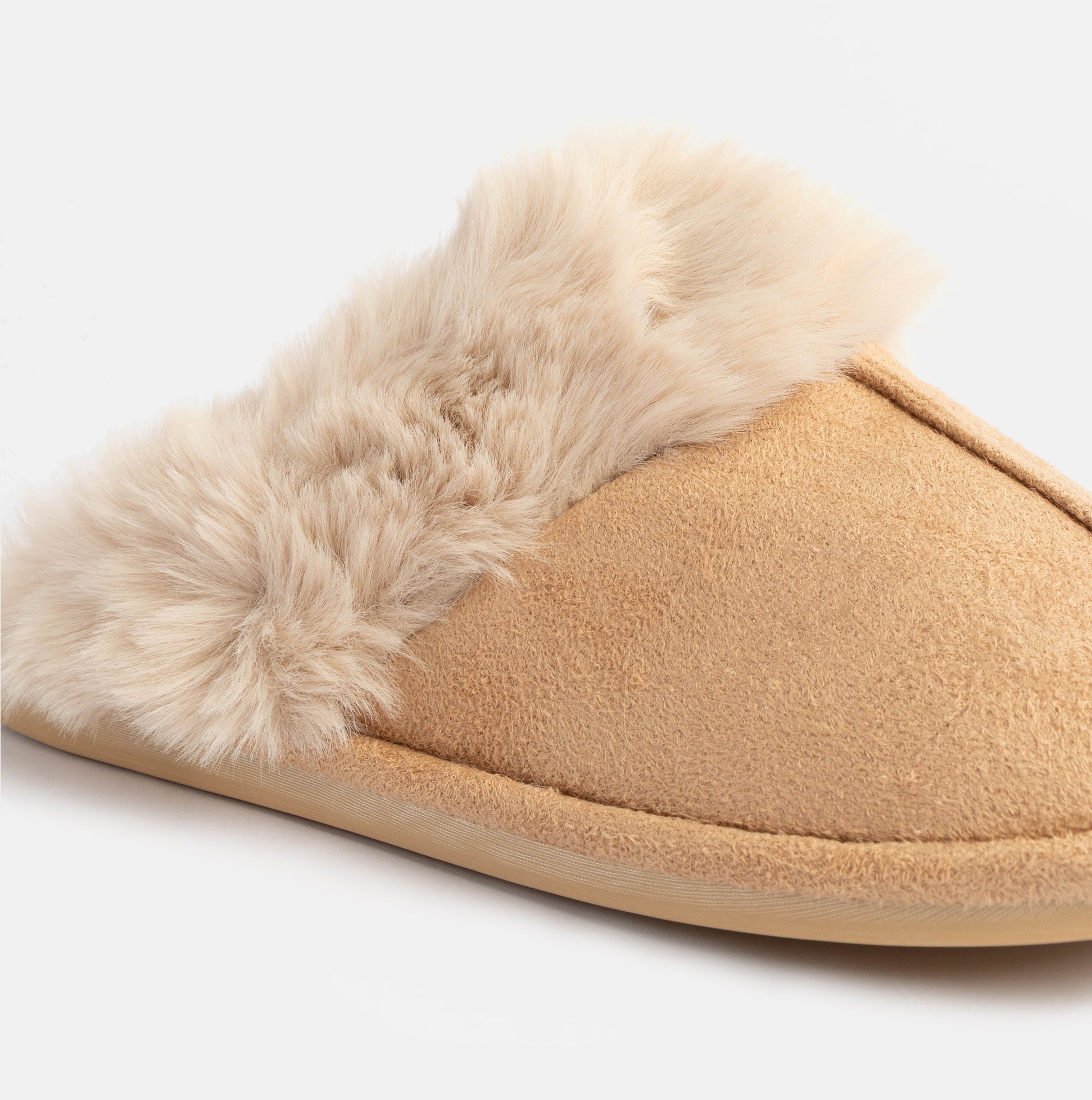 Jo & Joe SCARLETT Womens Faux Fur Mule Slippers Caramel side view showcasing soft faux fur lining and microfiber upper.