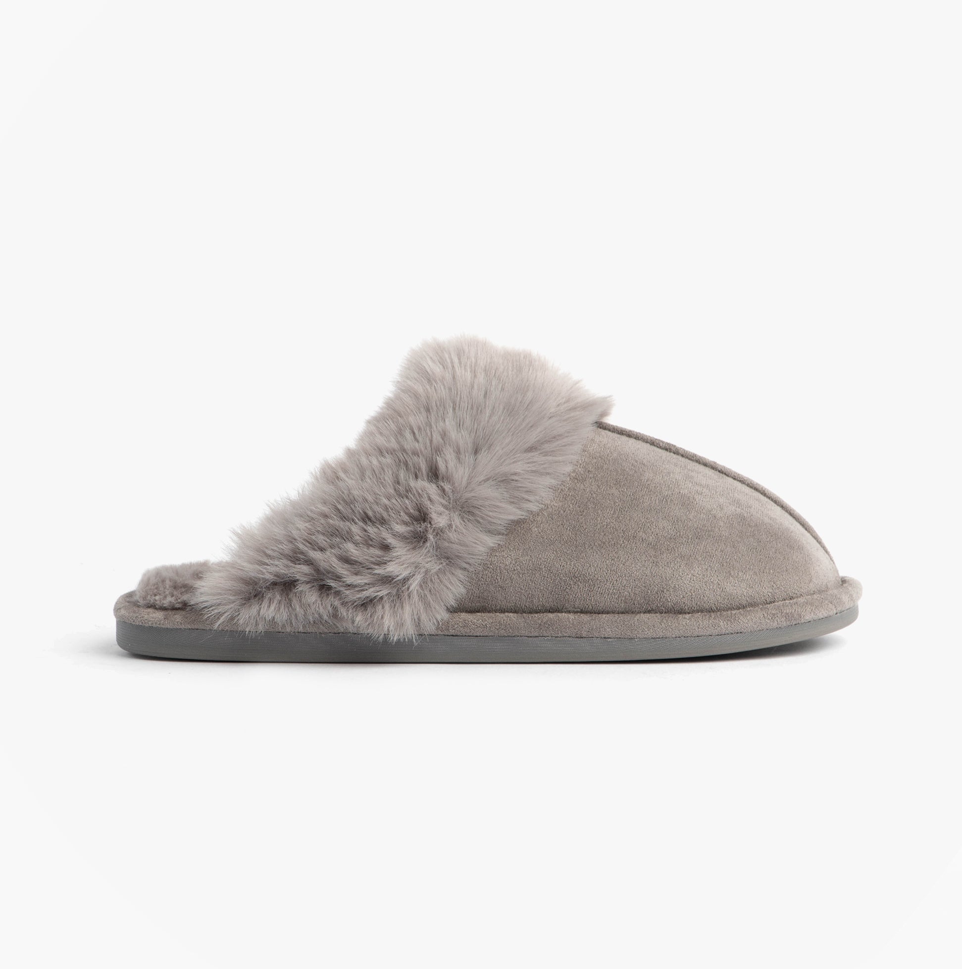 Jo & Joe SCARLETT Womens Mule Slippers Grey side view, featuring plush fur lining and grey textile upper.