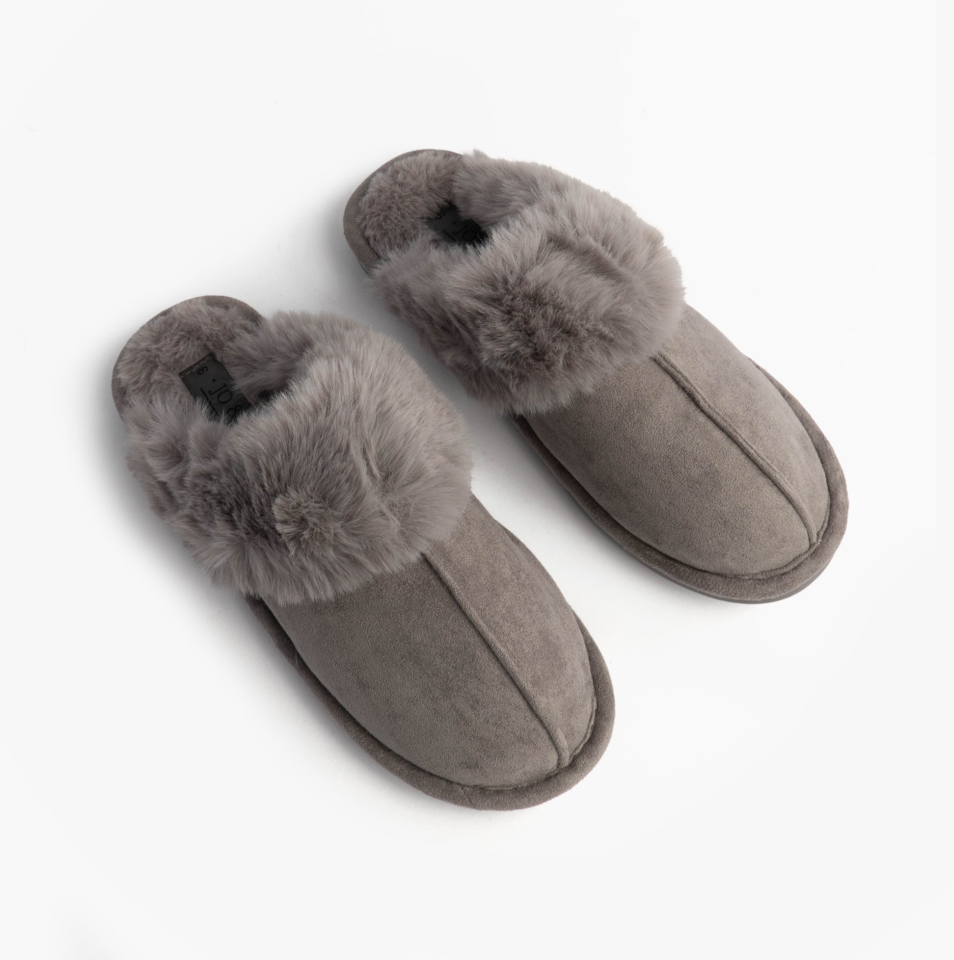 Jo & Joe SCARLETT Womens Mule Slippers Grey top view with faux fur and soft textile upper.