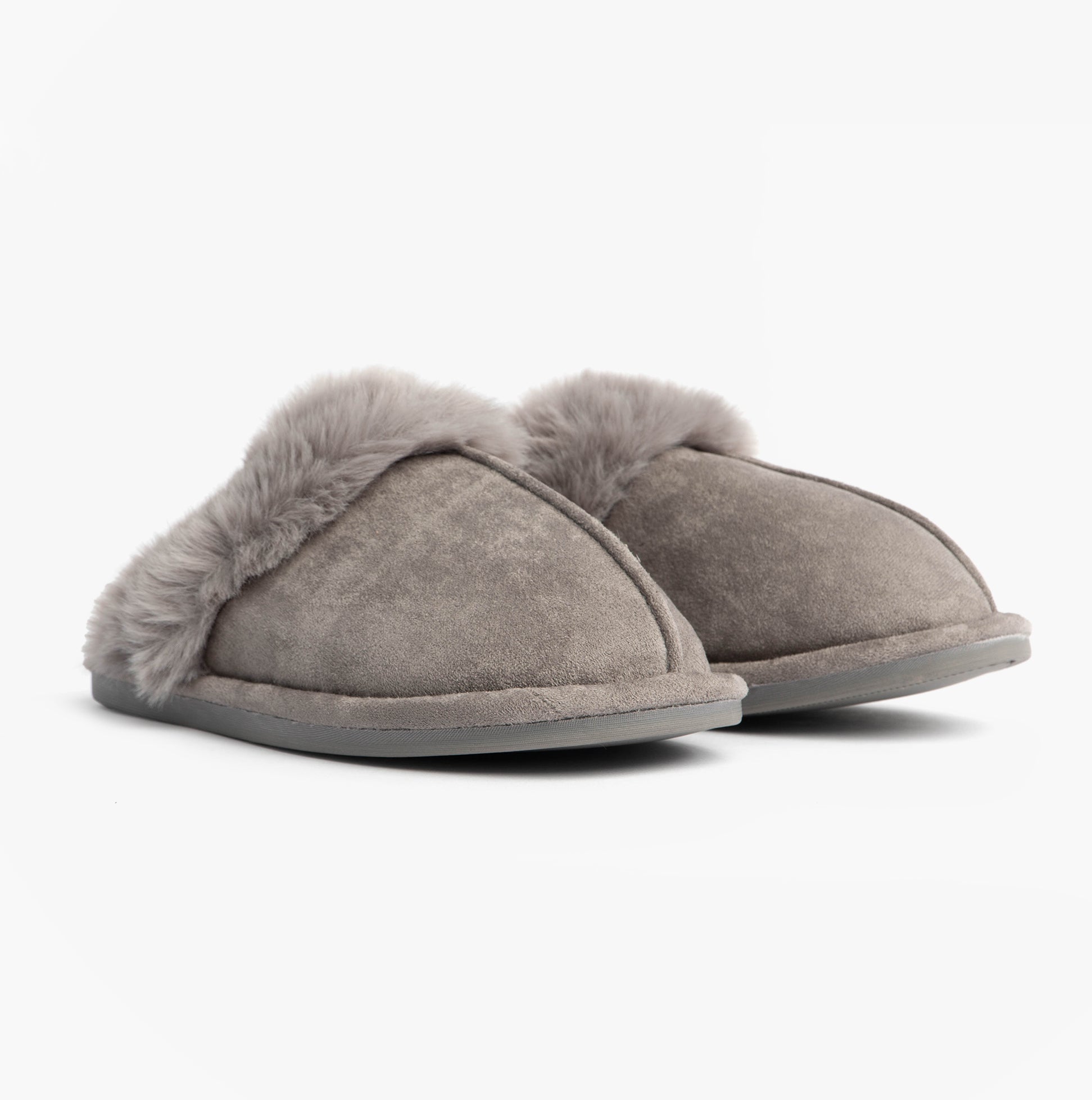 Jo & Joe SCARLETT Womens Mule Slippers Grey side view showcasing plush style and comfort features.