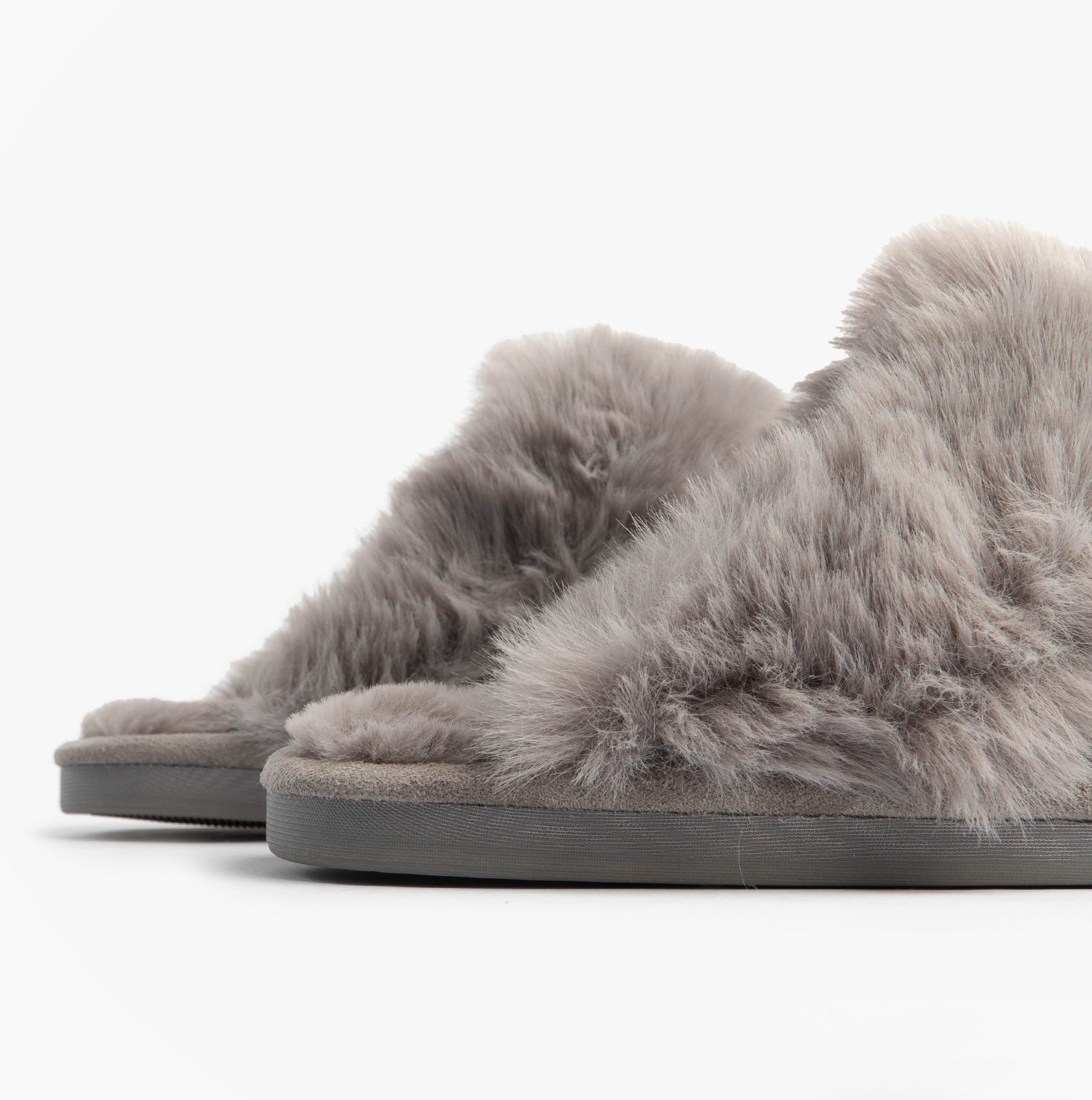 Jo & Joe SCARLETT Womens Mule Slippers Grey side view showing plush upper and flat sole.