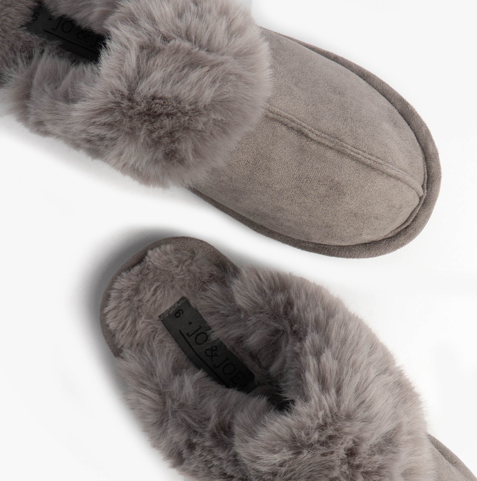 Jo & Joe SCARLETT Womens Mule Slippers Grey top view showcasing soft textile upper and plush lining.
