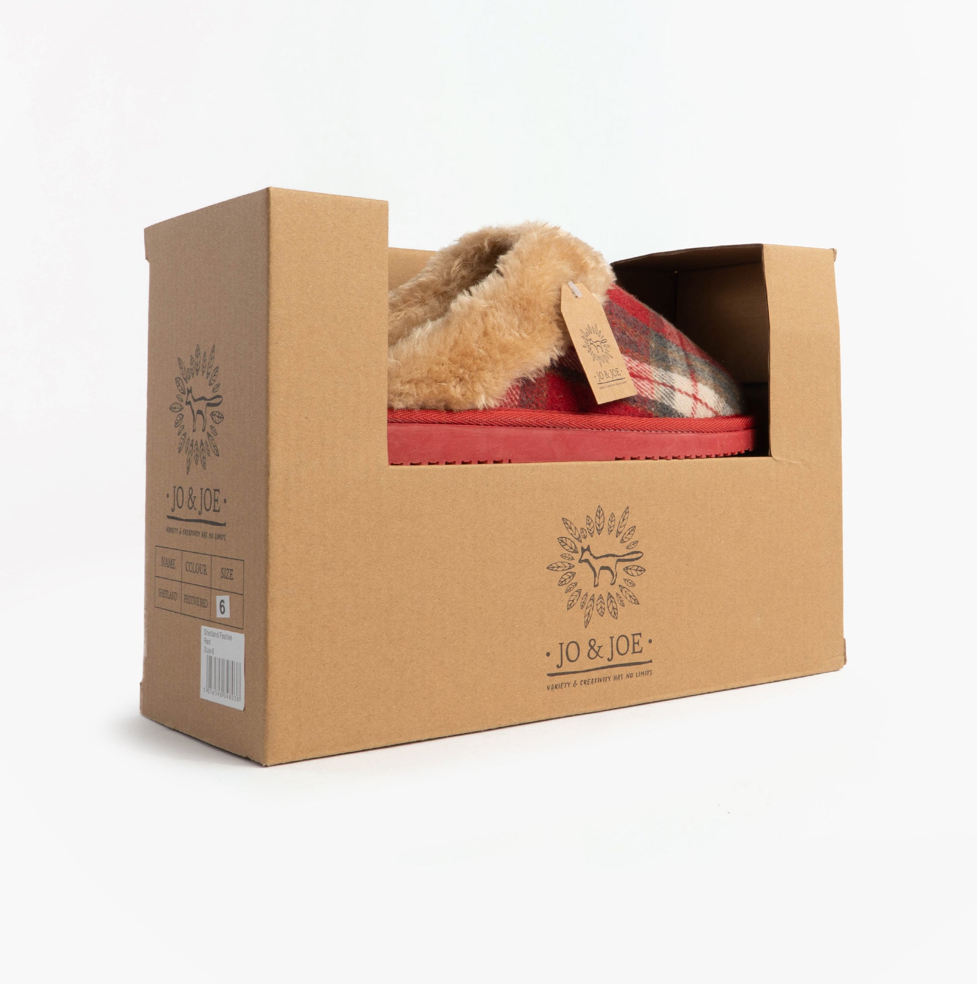 Jo & Joe SHETLAND Womens Mule Slippers Festive Red in gift box, side view showing slipper design and branding.