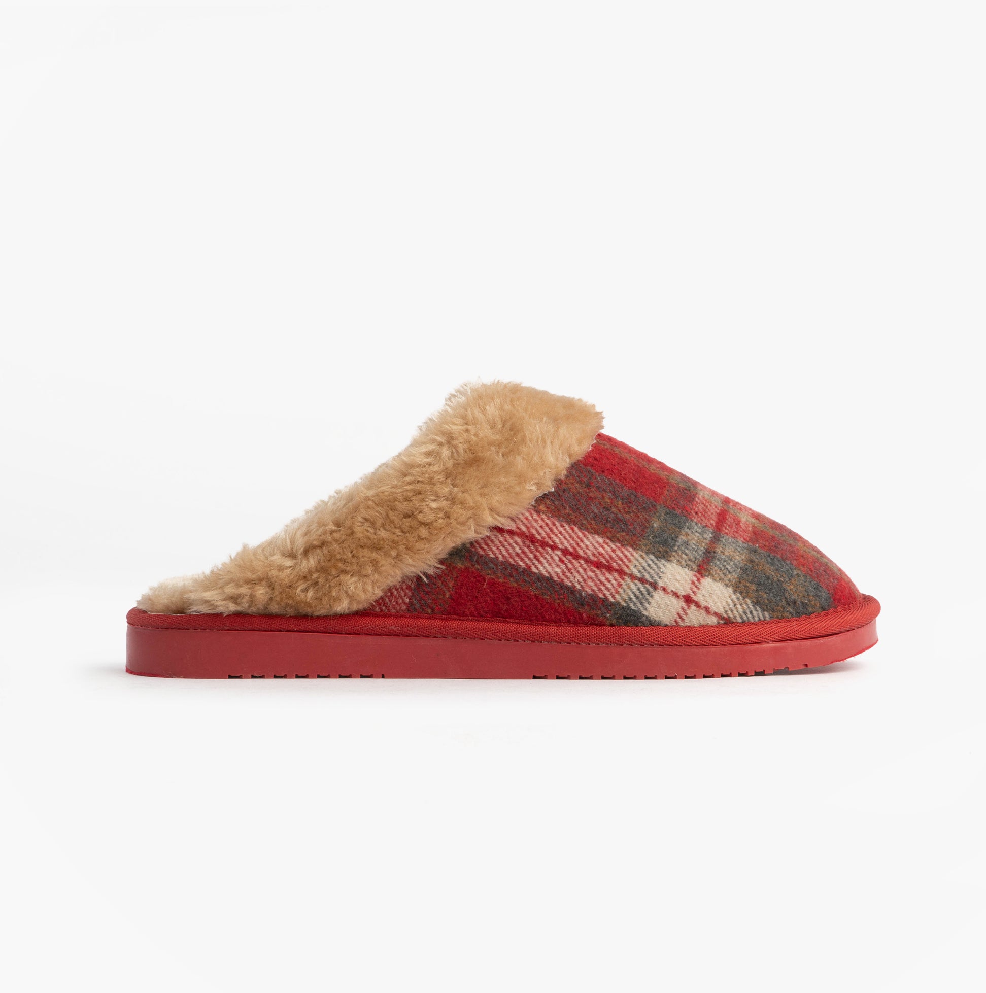 Jo & Joe SHETLAND Womens Mule Slippers Festive Red side view featuring plaid textile upper and fuzzy lining.