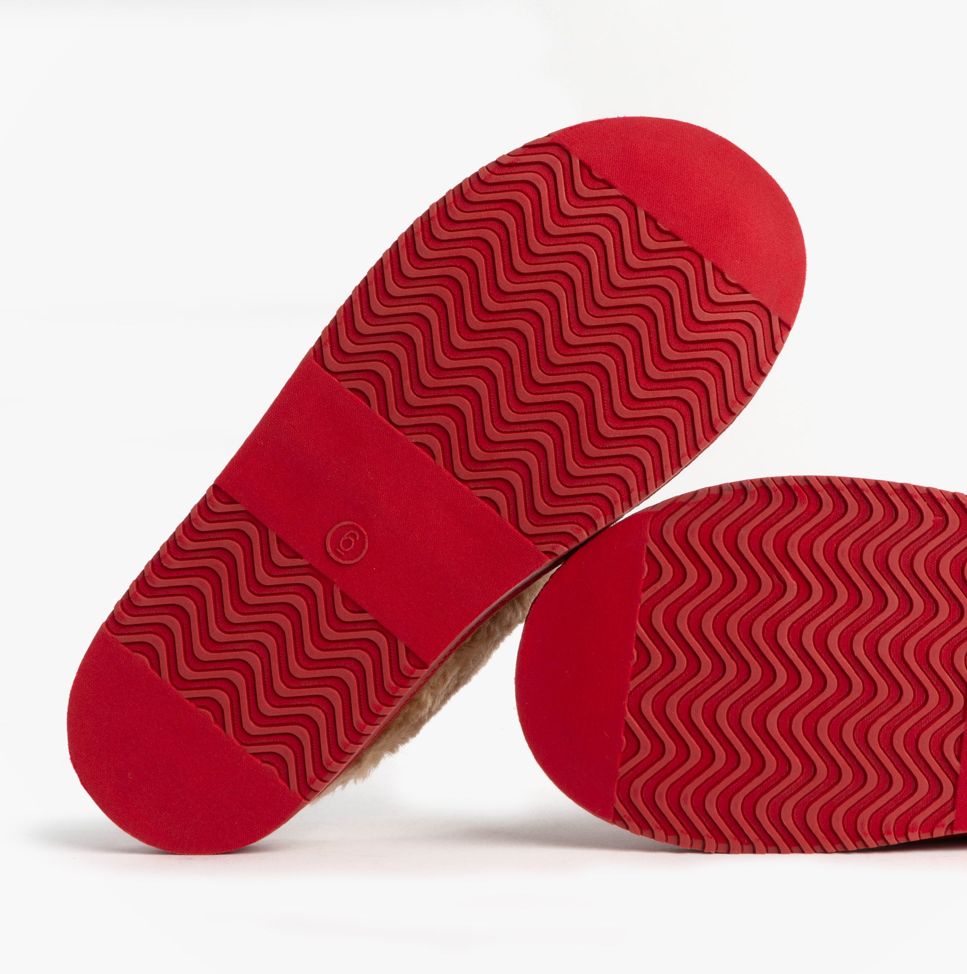 Jo & Joe SHETLAND Womens Mule Slippers Festive Red bottom view showcasing red rubber sole design.