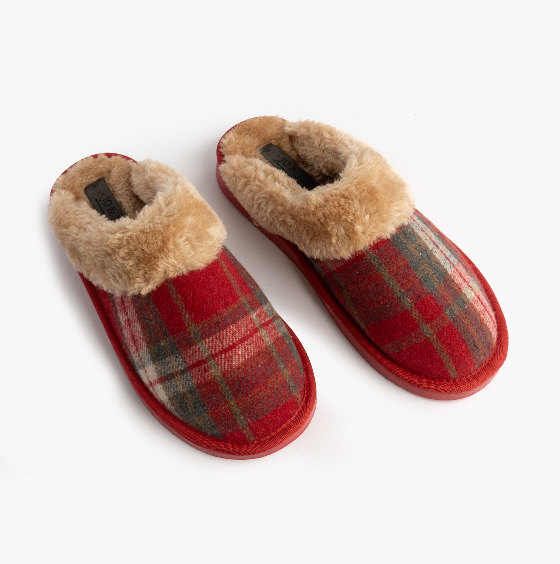 Jo & Joe SHETLAND Womens Mule Slippers Festive Red top view with cozy faux fur lining and plaid design