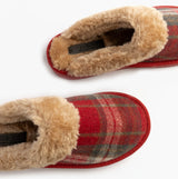 Jo & Joe SHETLAND Womens Mule Slippers Festive Red, top view showcasing plush lining and plaid design.