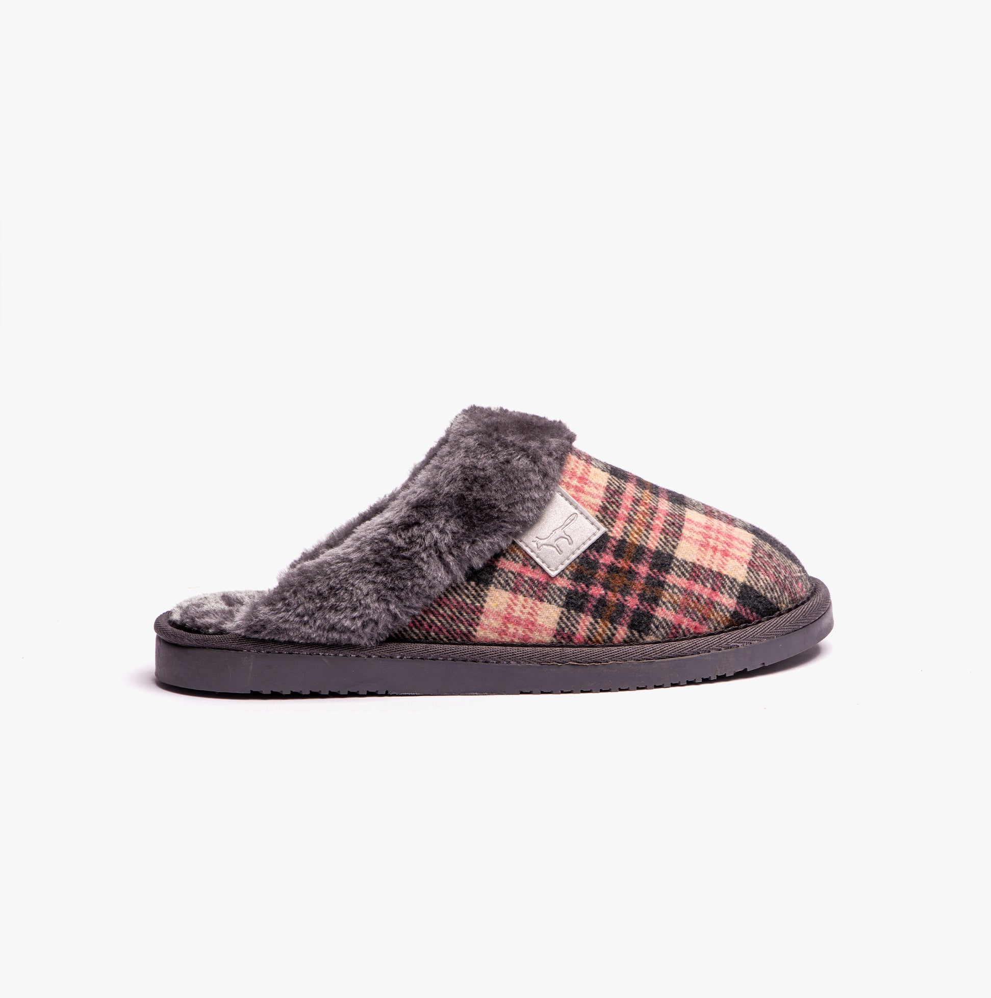 Jo & Joe SHETLAND Womens Slippers Pebble Grey side view showing plaid design and soft lining.