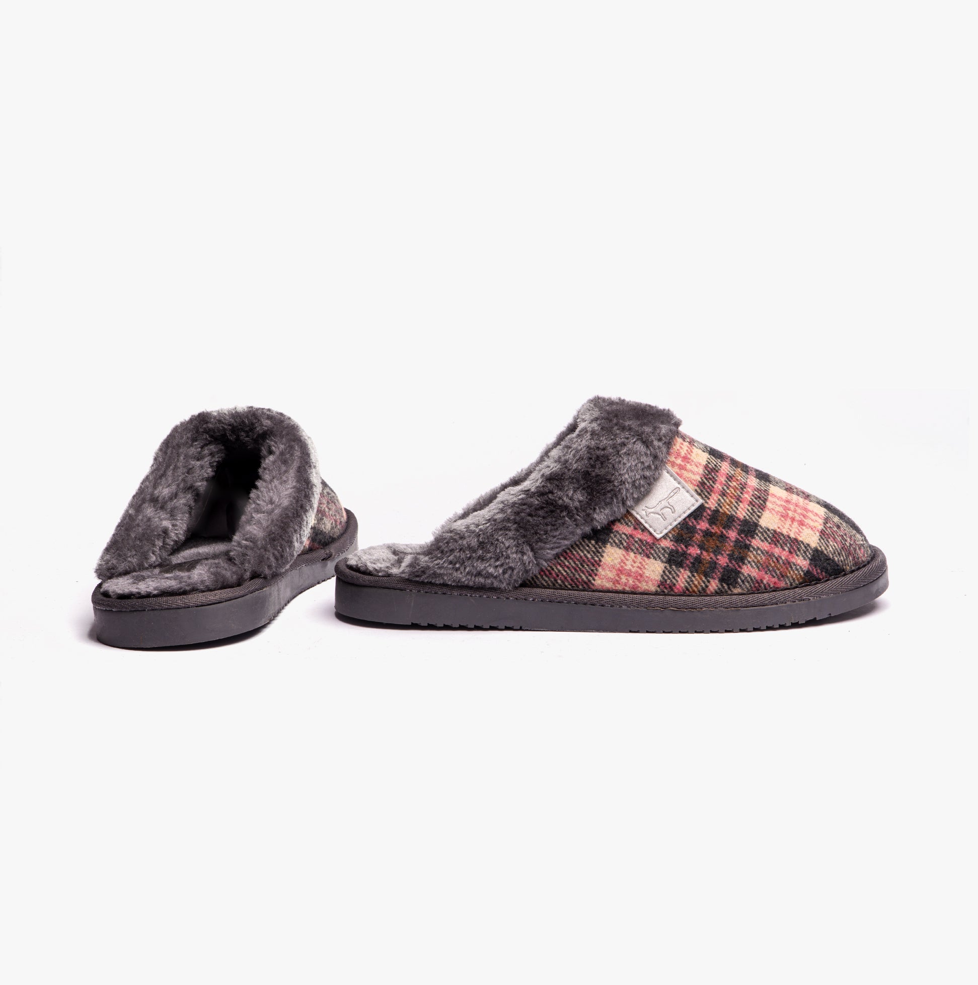 Jo & Joe SHETLAND Womens Slippers Pebble Grey side view and detail view, featuring plush lining and slip-on design.