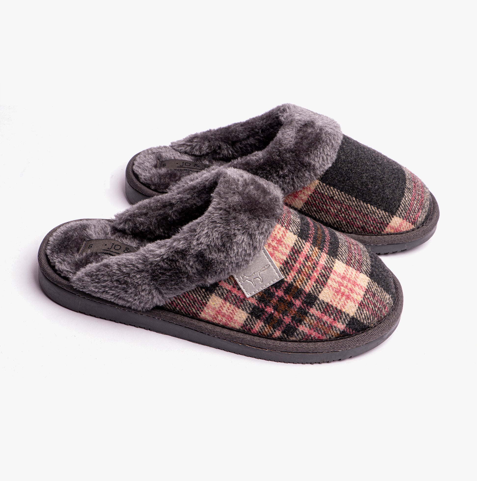 Jo & Joe SHETLAND Womens Slippers Pebble Grey side view showing plaid design and warm lining.